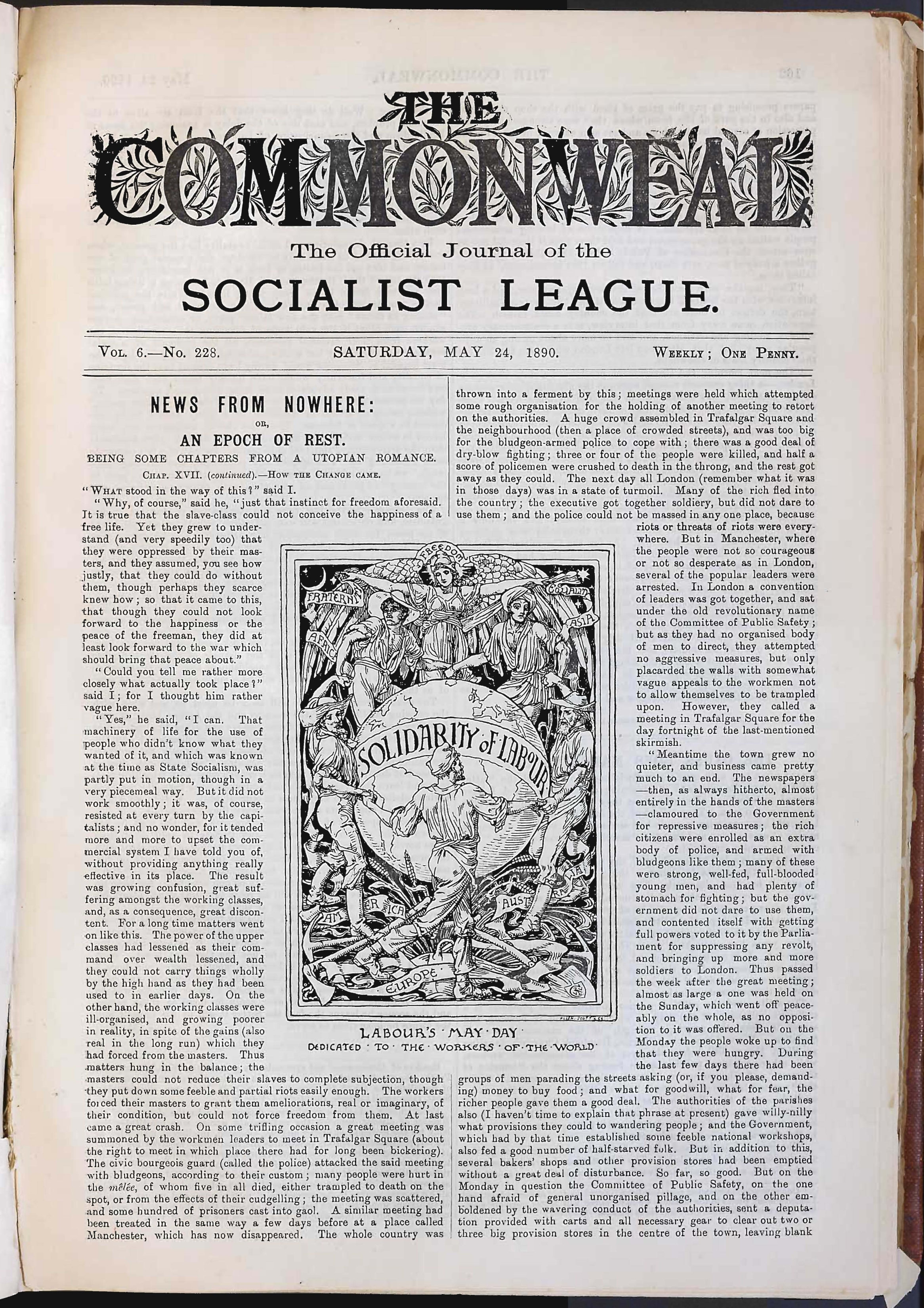 front page featuring Walter Crane’s “Solidarity of Labour: Labour’s May Day, dedicated to the workers of the world”, 1890, 15 × 31 cm. Labadie Collection, University of Michigan