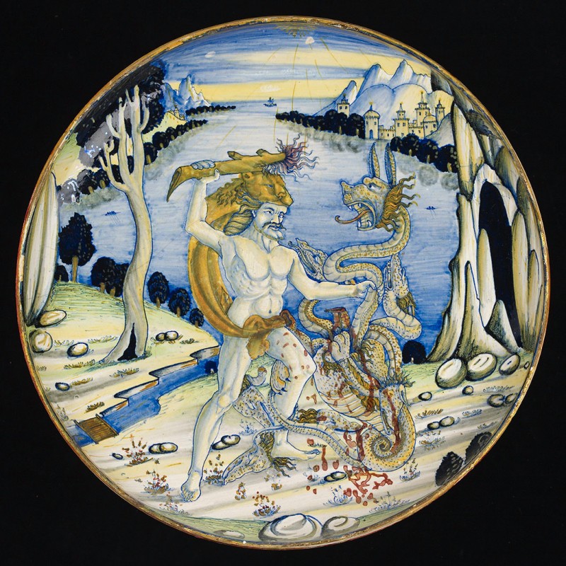 tin-glazed earthenware (maiolica), lustred, 32.2 cm. diameter. Ashmoleum Museum, Oxford. Bequeathed by C. D. E. Fortnum, 1899