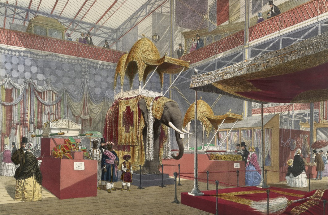 Interior depicting elephant as an exhibit at centre with onlookers