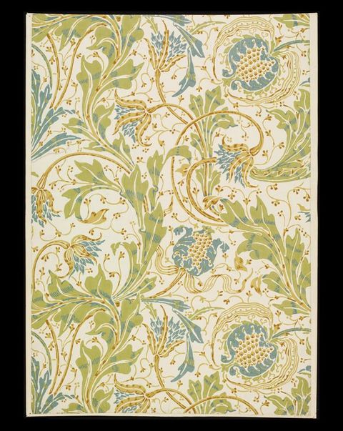 Print. Soft green, frosty blue, and honey-brown vines and flowers create a pattern against a cream-white background.