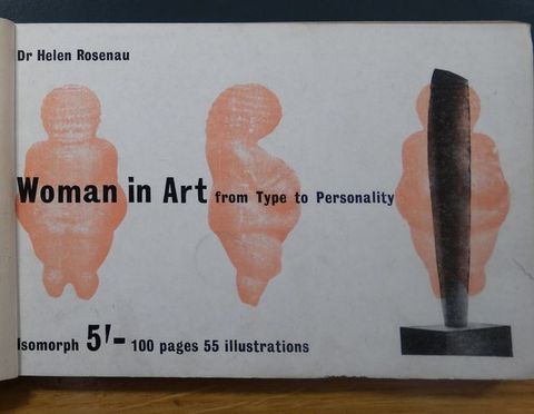 Book cover. The title, 'Woman in Art from Type to Personality', is printed in black on white paper, across three faint, orange views of the sculpture The Venus of Willendorf. Other text reads, 'Dr Helen Resnau' at the top left and 'Isomorph 5’- 100 pages 55 illustrations' below. The rightmost Venus overlaps a column-like sculpture on a square base.