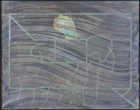Painting. Violet-grey and steel-coloured paint appears to have been wiped across and down this horizontal canvas. The outline of a rectangle drawn in pale turquoise takes up most of the composition, and straight or squiggly lines, also in turquoise, cross the bottom edge or make forms inside the rectangle. A bulbous yellow and bright turquoise form, like a closed fist but with too many fingers, is near the top centre.