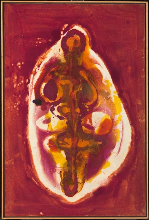 Painting. A roughly oval shaped field is surrounded by a deep red background. The oval is outlined in white and within, abstracted lines and forms in orange, earthy green, and yellow bubble like organs forming around a skeleton.