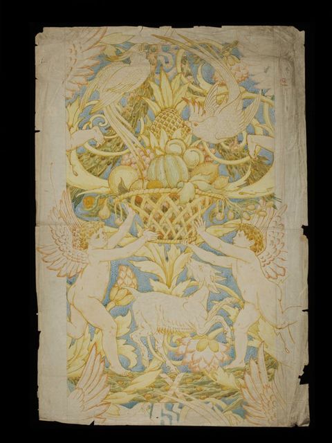 Watercolour. Two winged, child-like putti hold up a basket piled high with fruit. Two parrots peck at the fruit, and a goat between the putti looks up at the basket. Stylized flowers and vines fill in most of the rest of the area. Details are picked out in amber brown and sage green around the white of the paper, and the background is pale blue.