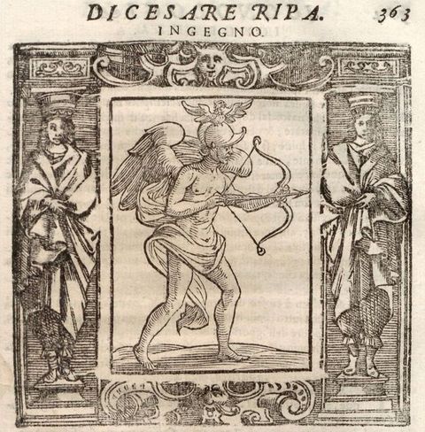Illustration. A winged man wearing only a helmet and a swathe of drapery across his hips holds up a bow and arrow. The thick border around this central panel shows statues of two people enveloped in robes acting as columns to hold up architectural features. Text printed in the margin across the top reads, 'Di Cesare Ripa. Ingeno 363'.