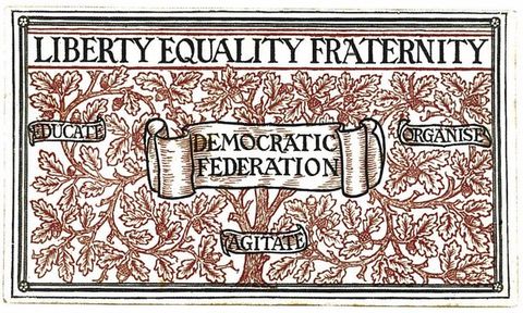 Print. This membership card is nearly filled with a single oak tree with curving branches of leaves and acorns, printed with brown ink on white. Black uppercase text across the top reads, 'Liberty Equality Fraternity'. Four banners over the tree read, 'Democratic Federation' at the centre, 'Educate' to our left, 'Organize' to our right, and 'Agitate' below.