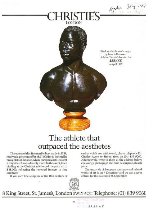 Ad. Against a white background, Harwood’s sculpture Bust of a Man is reproduced in colour below the heading, “Christie’s London” printed in black, all caps above. More text is next to and below the bust. A subheading under the sculpture, in large text, reads “The athlete that outpaced the aesthetes”.