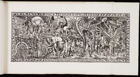 Print. A procession of men, women, and children includes an ox-drawn carriage and people on foot and on horseback, all against a dense landscape. Text in the ornamental border across the top reads, 'The Triumph of Labour' in all caps.