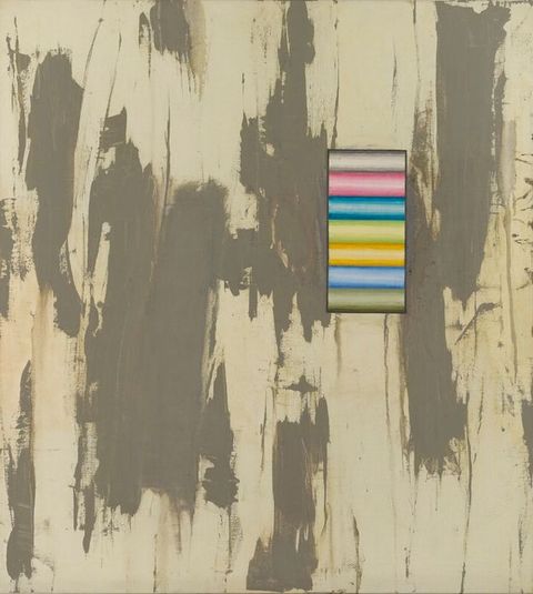 Painting. A block of seven vibrantly shaded rows, almost like spools of metallic thread, float against a field streaked widely and heavily with muted grey against cream white.