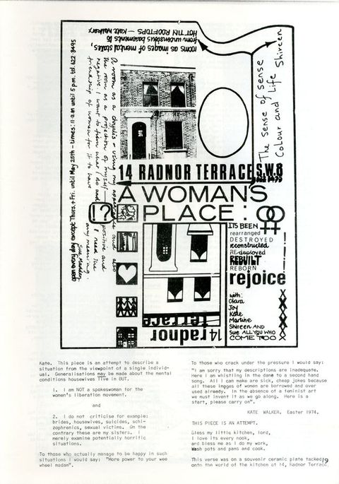 Poster. Typographic and handwritten text surround two buildings. At the top is a grainy, black and white photograph of a two-storey building and a mirror image below is hand drawn. The title at the centre reads, in all caps, '14 Radnor Terrace A Woman’s Place'. Two columns of typed text, like a script appears below, signed 'Kate Walker. Easter 1974'.