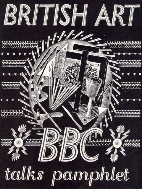 Pamphlet cover. White text and images set against a black background. An oval at the centre encloses art-making and designing tools. Across the top of the pamphlet, text reads, 'British Art' in all caps. Below the oval is 'BBC' in all caps followed by 'talks pamphlet' in lowercase.
