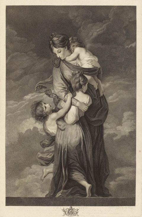 Print. A woman holds a baby in one arm and wraps her other arm around a child standing in front of her. A third child reaches from behind the woman’s body to grip her forearm. They wear flowing, voluminous robes.