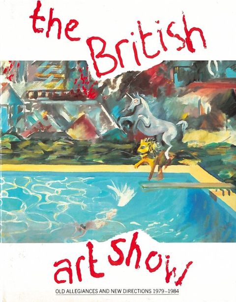 Cover of an exhibition catalogue. An impressionistic picture across the middle of a composition shows a unicorn and lion jumping up from a diving board at the edge of an in-ground pool. Red text is scrawled across the top and bottom of the page and cutting into the page. 