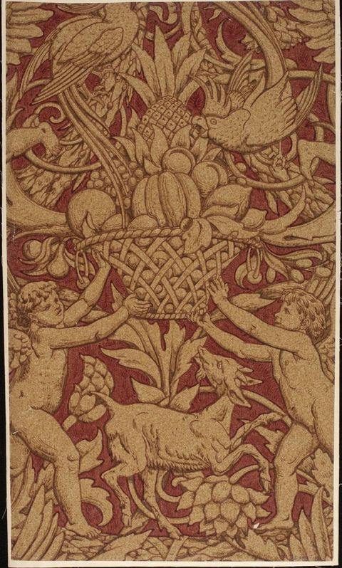 Print. Two winged, child-like putti hold up a basket piled high with fruit. Two parrots peck at the fruit, and a goat between the putti looks up at the basket. Stylized flowers and vines fill in most of the rest of the area. The background is burgundy red.
