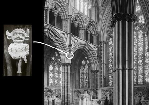Graphic. A white line is drawn from a carved imp to a place where two pointed arches meet in the Lincoln Cathedral retrochoir, indicating its location.
