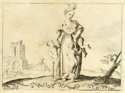 Illustration. A woman holds a baby, possibly breastfeeding, as two nude children stand by her long skirt. A flame or flower flickers up from her head. The group stands near us, and the ruins of a building are faintly rendered in the distance. Inscriptions read 'CM del' in the lower left and 'CB Inc' in the lower right.