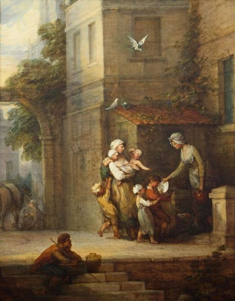 Painting. Set into an exterior corner of a building, a woman tips food from a plate into a basket held by a child. Another child stands immediately behind the first, and a third pulls at the skirt of another woman holding two babies. From a staircase closer to us, a man looks on, head in hand. All the people have pale skin with rosy cheeks.