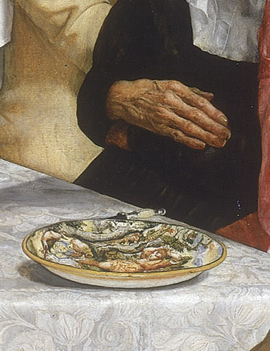 Painting. This detail shows the plate in front of Lorenzo, on the white floral, damask tablecloth. The plate is painted with a scene of a beheading. The end of a knife handle peeks from beyond the plate.