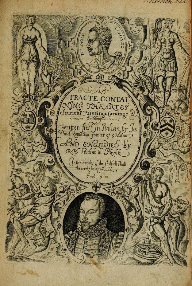 Title page. A central oval cartouche has a title with spelling that varies in places from what is familiar today. Cartouches above and below show the busts of men. The rest is filled with goddesses, personifications, animals, and figures from mythological stories.