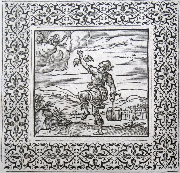 Illustration. In front of a landscape, a man with wings sprouting from one wrist reaches up towards a person floating among banks of clouds in the sky. The standing person lifts one knee high, and his other hand is weighed down with a rock or other object tied with a rope, which he uses as a handle.