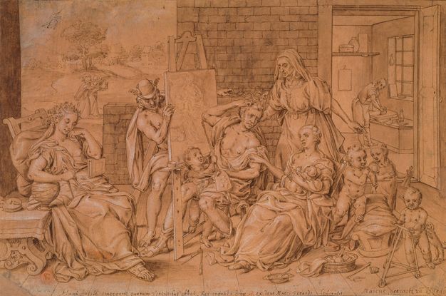 Drawing. Created with grey lines and white highlights on orange-toned paper, a man sitting at an easel is surrounded by women and children. A person with a winged helmet, Mercury, peers around the easel. To our left is a model, holding a compass and books. To our right is a nursing mother, four more children, a dog, an older woman, and a workshop assistant in the background.