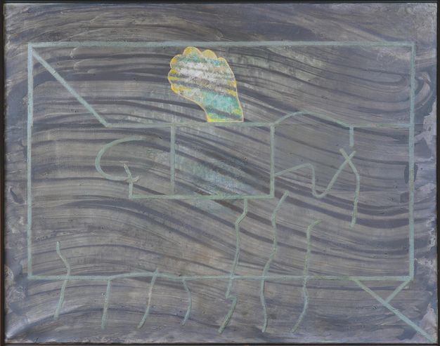 Painting. Violet-grey and steel-coloured paint appears to have been wiped across and down this horizontal canvas. The outline of a rectangle drawn in pale turquoise takes up most of the composition, and straight or squiggly lines, also in turquoise, cross the bottom edge or make forms inside the rectangle. A bulbous yellow and bright turquoise form, like a closed fist but with too many fingers, is near the top centre.