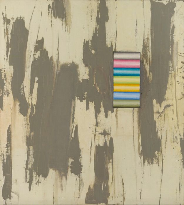 Painting. A block of seven vibrantly shaded rows, almost like spools of metallic thread, float against a field streaked widely and heavily with muted grey against cream white.