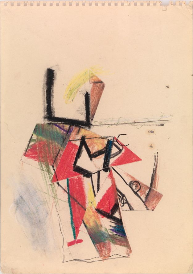Collage. A pale peach page has been ripped from a top-bound notebook. Mostly in the bottom half of composition, cut-up fragments of drawings made with boldly laid crayon and pencil create an abstract shape. Much of the colouring is red and black but there is also brown, yellow, blue, green, and purple.