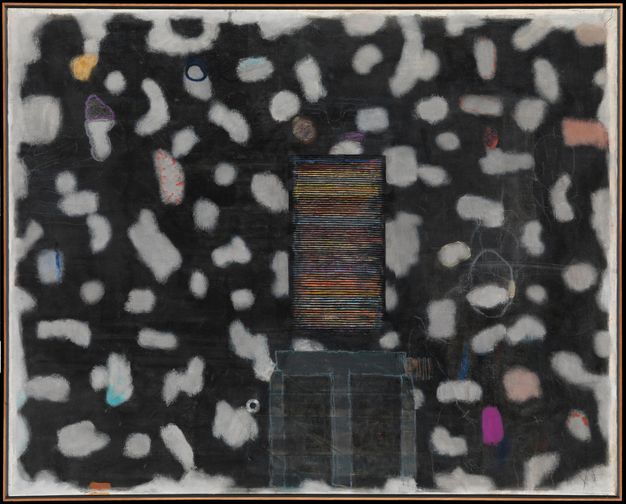 Painting. A field of blurry mostly white, and occasionally coloured, spots against black covers this canvas. To our right of centre, a vertical rectangle has thin rows of jewel-toned colour alternating with equally thin rows of black, like strips of coloured metal carefully spaced on velvet.