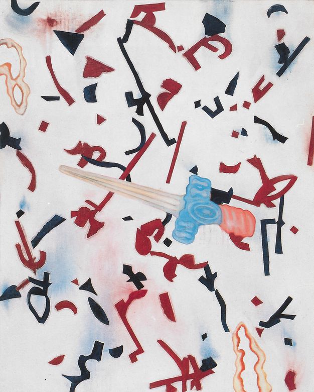 Painting. A toy sword floats against a white field of abstract red and black lines reminiscent of letters or symbols. A few areas of the white background are smudged with blue or red.