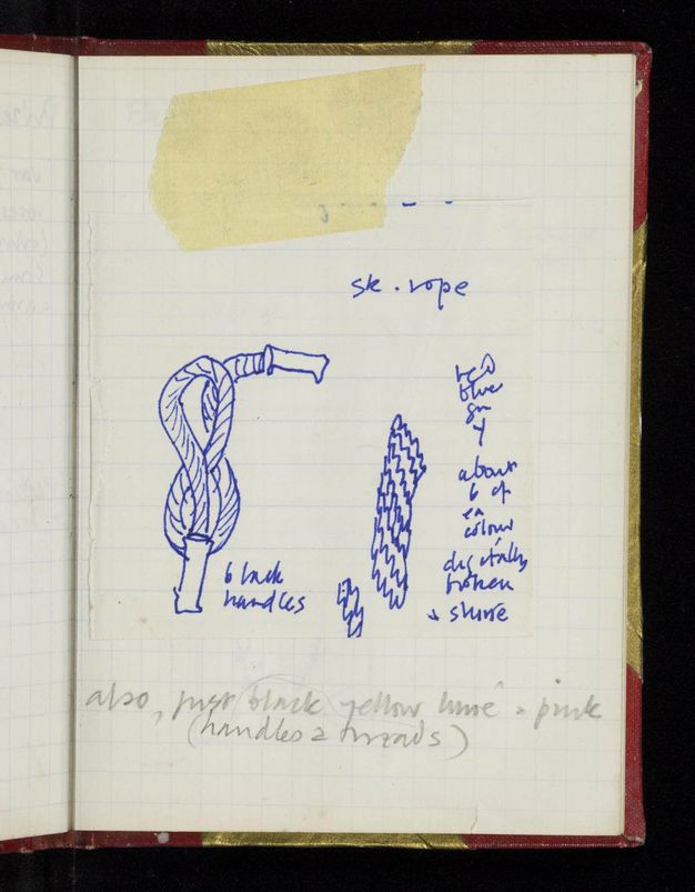 Drawing. Drawn in blue ink on a gridded notebook page, a skipping rope is twisted into a figure eight shape. A detail view of the way the rope was woven is next to this. Writing in blue pen above reads, 'sk. rope'. Next to the whole skipping rope it reads, 'black handles'. Writing next to the detail is difficult to make out, and more writing in graphite is below.