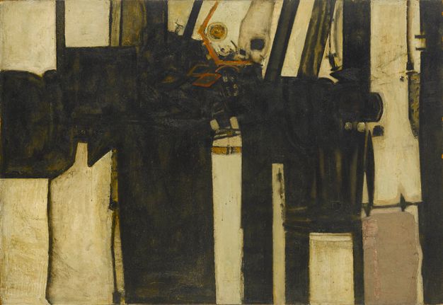 Painting. Abstract lines and forms in black against bone white suggest machinery of some kind.