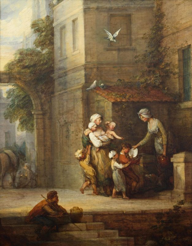Painting. Set into an exterior corner of a building, a woman tips food from a plate into a basket held by a child. Another child stands immediately behind the first, and a third pulls at the skirt of another woman holding two babies. From a staircase closer to us, a man looks on, head in hand. All the people have pale skin with rosy cheeks.