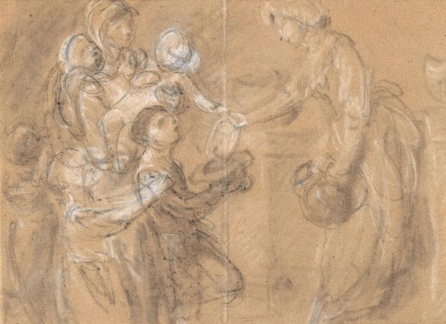 Drawing. In faint grey and white chalk against a tan background, a woman tips food from a plate into a boy’s hat. Behind him are the woman holding two babies and two more children. Drawn loosely and with few details, the drawing has a ghostly look.