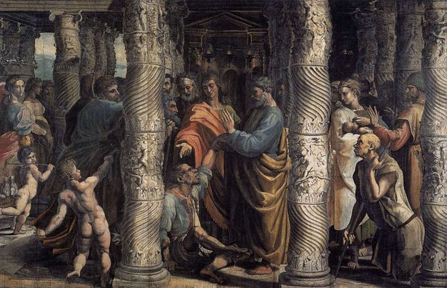 Drawing. This preparatory cartoon for a tapestry shows a crowd of men, women, and children among and between twisted columns. At the centre, a young, clean shaven Christ holds his hand out over the head of a man sitting on the ground. A bearded, grey-haired man next to Christ, Saint Peter, holds the seated man’s hand. The seated man and others nearby have exaggerated, almost caricatured features.