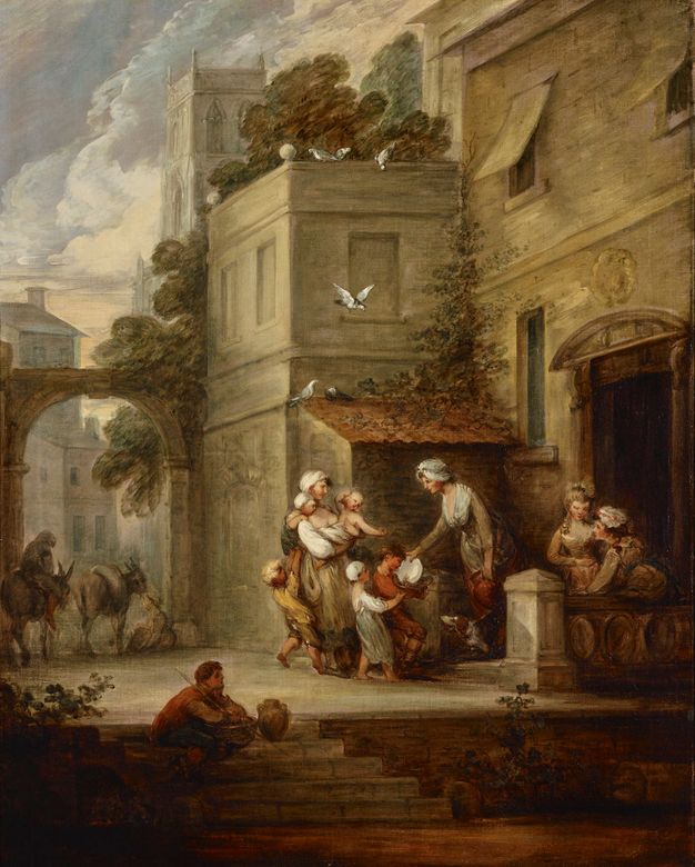 Painting. Set into an exterior corner of a building, a woman tips food from a plate into a basket held by a child. Another child stands immediately behind the first, and a third pulls at the skirts of another woman holding two babies. A pair of women talk, heads together, to our right. Trees grow above the structure immediately behind the woman giving food.