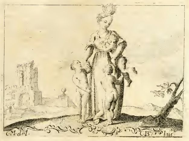 Illustration. A woman holds a baby, possibly breastfeeding, as two nude children stand by her long skirt. A flame or flower flickers up from her head. The group stands near us, and the ruins of a building are faintly rendered in the distance. Inscriptions read 'CM del' in the lower left and 'CB Inc' in the lower right.