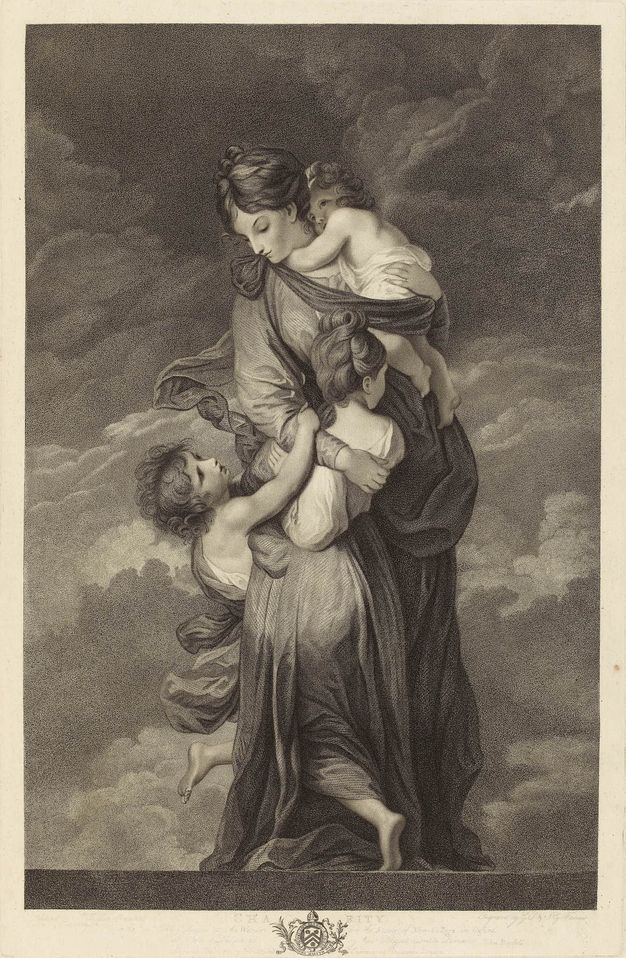 Print. A woman holds a baby in one arm and wraps her other arm around a child standing in front of her. A third child reaches from behind the woman’s body to grip her forearm. They wear flowing, voluminous robes.