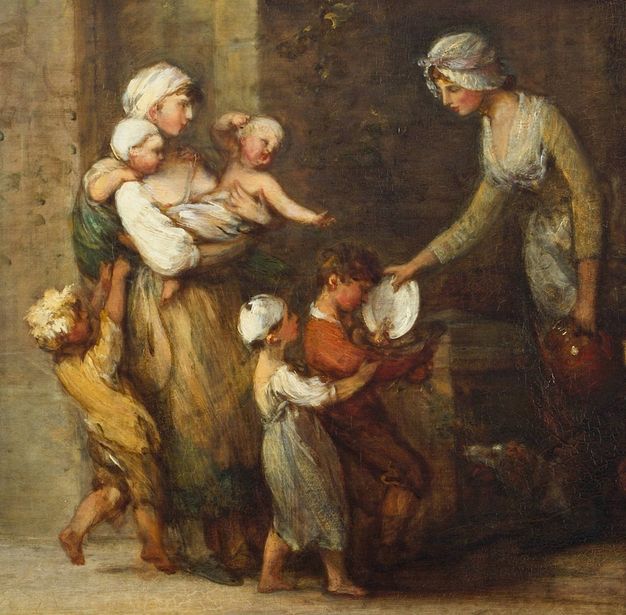 Painting. Detail showing a woman standing the exterior corner of a building, tipping food from a plate into a basket held by a child. Another child stands immediately behind the first, and a third pulls at the skirts of another woman holding two babies. Brushstrokes are visible.