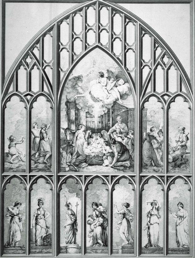 Print. A row of seven personifications, each under a narrow, pointed arch, line the bottom row of this monumental stained glass window design. The bottom centre pane shows a woman holding three children. A second, taller set of windows above shows the Nativity flanked by two scenes on each side, all under an encompassing pointed arch.