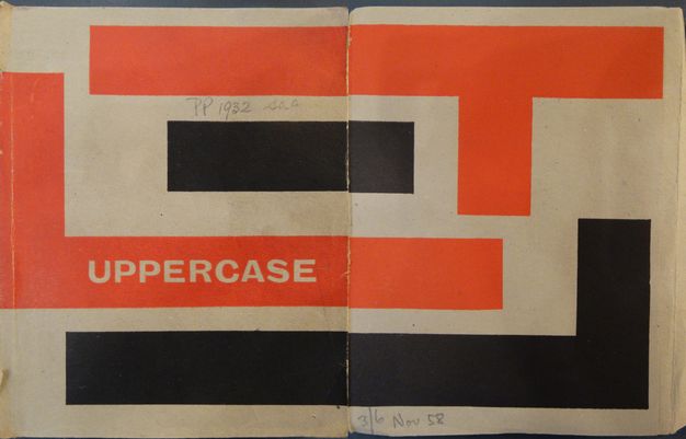 Journal cover. An abstract design made with two thick lines in red and two in black against a white background are nested together make a loose rectangle. The word 'Uppercase' in all caps appears on one red band. Pencil inscriptions read 'PP 1932' near the top centre and '3/6 Nov 58' is written along the bottom.