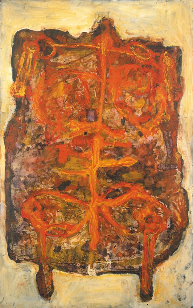 Painting. An uneven rectangle against a butter-yellow background could be an abstracted torso. Flame-orange lines suggest a skeleton. The rest is dappled with splotches of dark and bright yellow, grey, red, indigo, and brown.