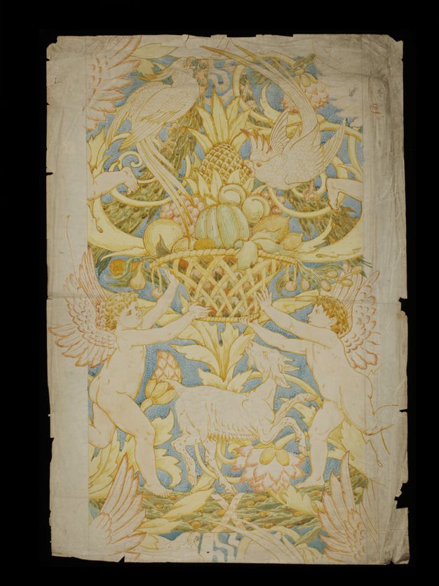 Watercolour. Two winged, child-like putti hold up a basket piled high with fruit. Two parrots peck at the fruit, and a goat between the putti looks up at the basket. Stylized flowers and vines fill in most of the rest of the area. Details are picked out in amber brown and sage green around the white of the paper, and the background is pale blue.
