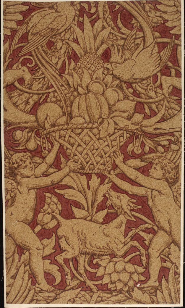 Print. Two winged, child-like putti hold up a basket piled high with fruit. Two parrots peck at the fruit, and a goat between the putti looks up at the basket. Stylized flowers and vines fill in most of the rest of the area. The background is burgundy red.