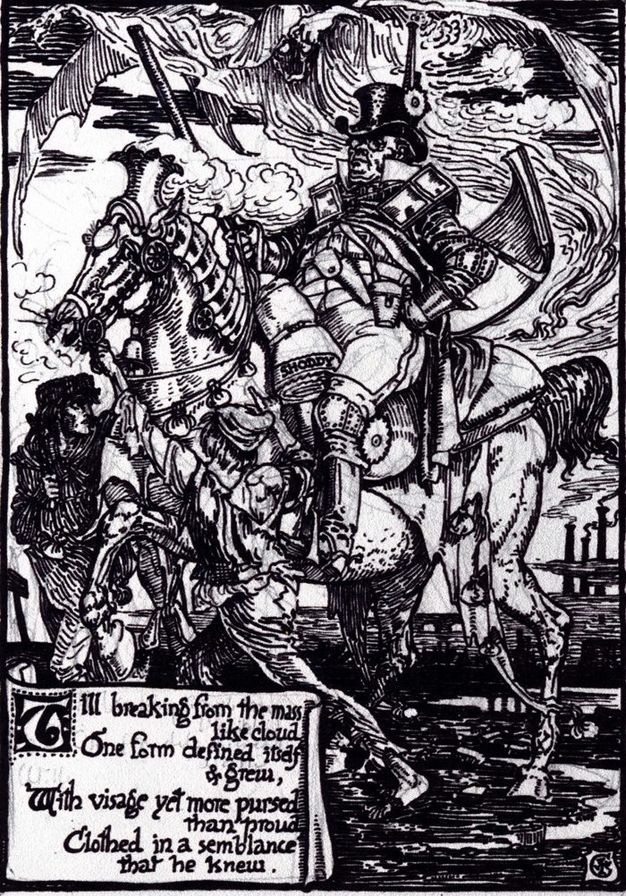 Drawing. A portly man wearing a shiny top hat and pieces of mismatched, showy armour sits with hand planted on hip atop an armoured horse. A ghostly spectre floats over the man, bat-like wings spread wide. Two people attend to the horse from the ground. A scroll with text unfurls in the lower left corner.