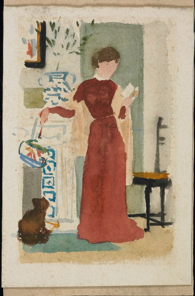 Watercolour. Pools of colour block out the general forms of a woman standing in a red-brown dress next to a mantlepiece as she reads a book with a cat at her feet.