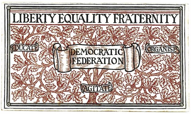 Print. This membership card is nearly filled with a single oak tree with curving branches of leaves and acorns, printed with brown ink on white. Black uppercase text across the top reads, 'Liberty Equality Fraternity'. Four banners over the tree read, 'Democratic Federation' at the centre, 'Educate' to our left, 'Organize' to our right, and 'Agitate' below.