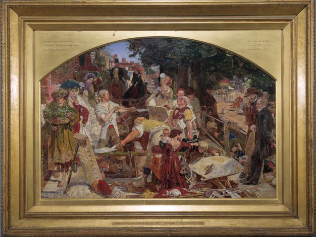 Painting. Several pale-skinned men and women work close to us as women in bonnets and long, hoop skirts and men in suits and tall hats look on from the edges and background in this arched-top painting. The painting is encased in a gold frame. The upper corners of the frame have text, which is illegible in this image.