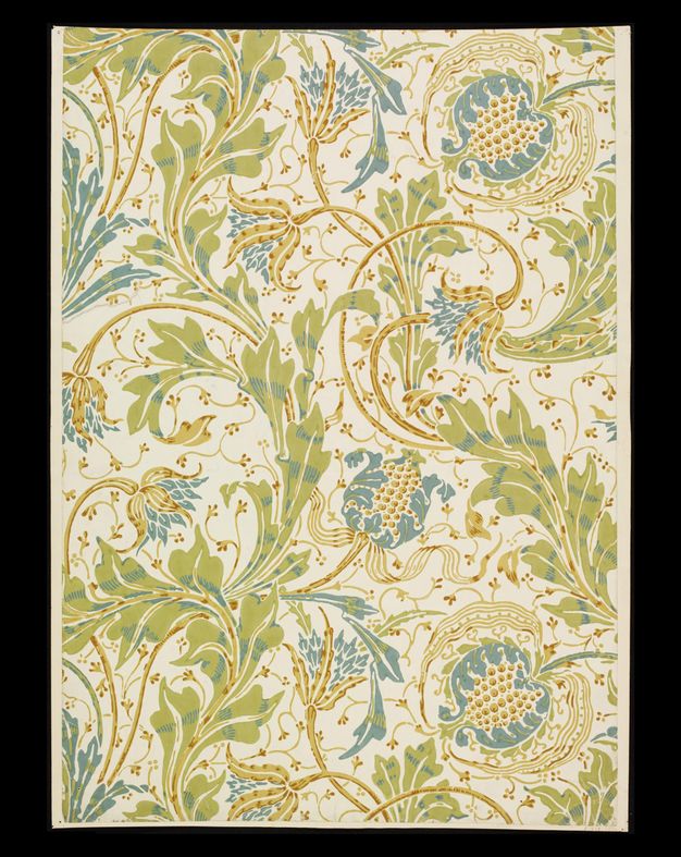 Print. Soft green, frosty blue, and honey-brown vines and flowers create a pattern against a cream-white background.