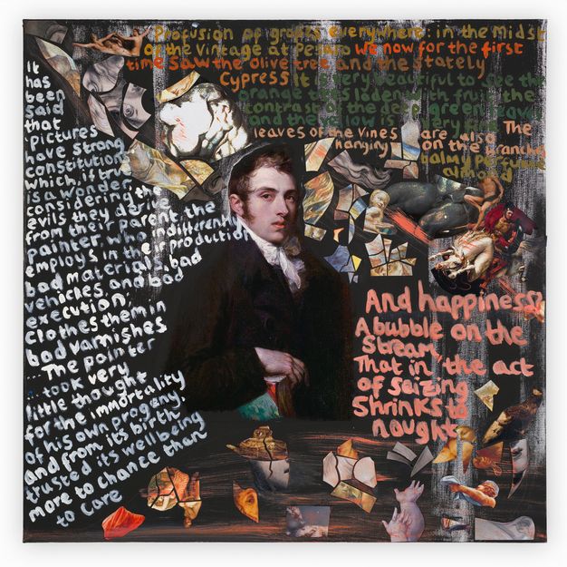 Painting and collage. A formal portrait of a pale-skinned, 18th-century gentleman wearing black is surrounded by painted text. Much of the text is white but some is pink, yellow, orange, or green. Fragments of images, presumably other works of art, are collaged above and behind the man and across what seems to be a ledge or table in front of him.